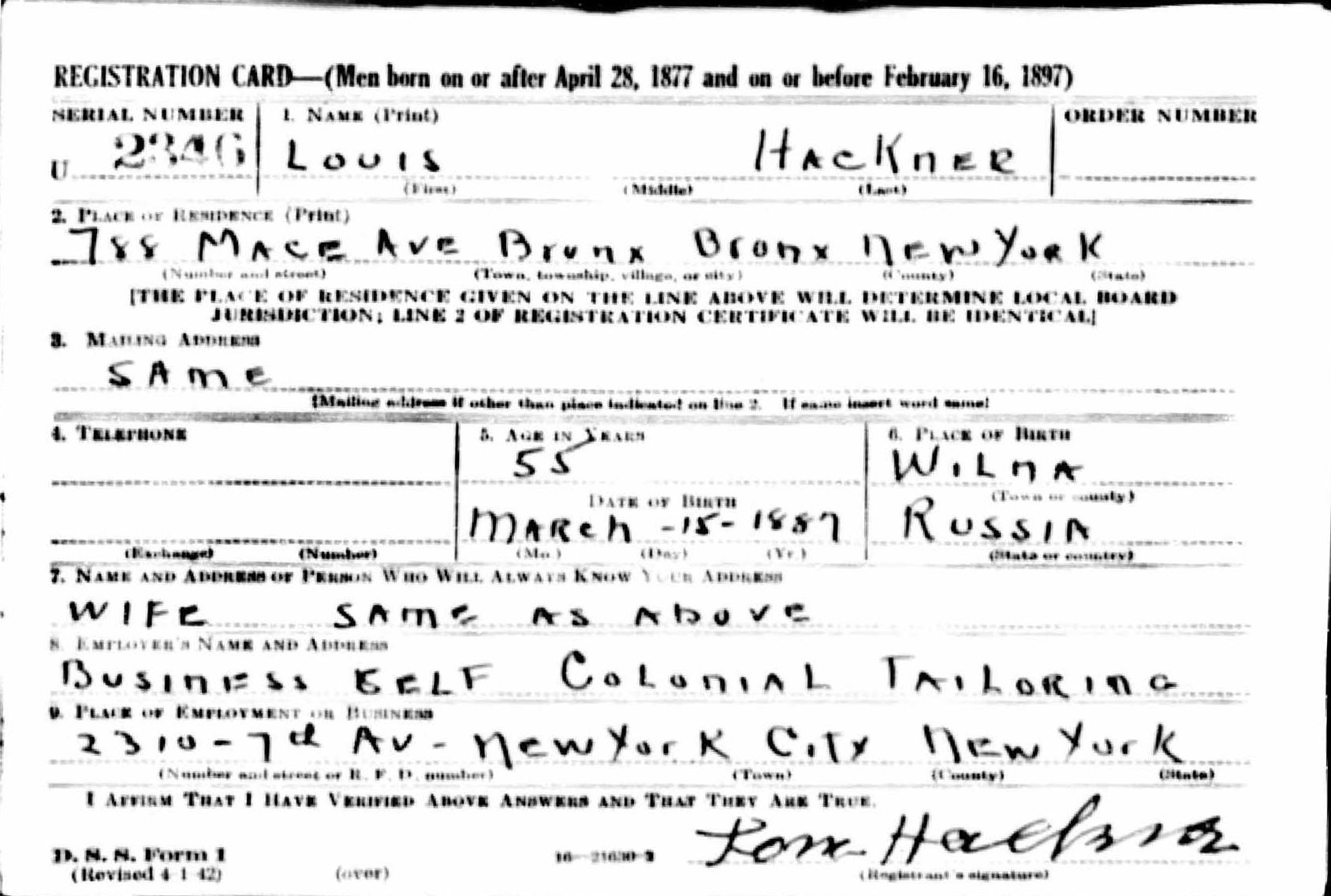 Louis Hackner WWII Draft Registration Card, 1942